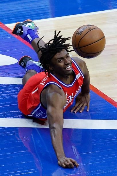 Tyrese Maxey of the Philadelphia 76ers reaches for the ball during the fourth quarter against the Atlanta Hawks during Game One of the Eastern...