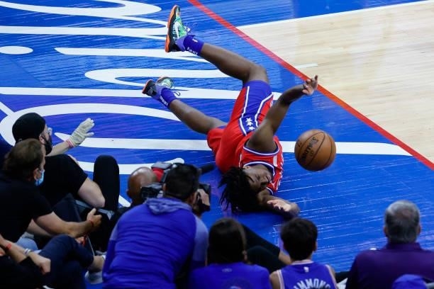 Tyrese Maxey of the Philadelphia 76ers reaches for the ball during the fourth quarter against the Atlanta Hawks during Game One of the Eastern...