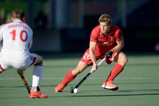 Chris Griffiths of England, Victor Wegnez of Belgium during the Euro Hockey Championships match between Engeland and Belgie at Wagener Stadion on...