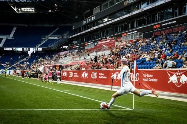 Megan Rapinoe of OL Reign takes the corner kick during the second half of the match against NJ/NY Gotham FC at Red Bull Arena on June 5, 2021 in...