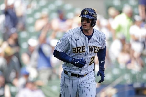 Daniel Robertson of the Milwaukee Brewers hits a solo home run in the fifth inning against the Arizona Diamondbacks at American Family Field on June...