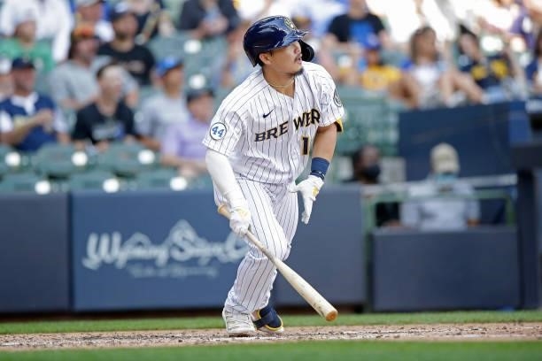 Keston Hiura of the Milwaukee Brewers hits a double in the sixth inning against the Arizona Diamondbacks at American Family Field on June 06, 2021 in...