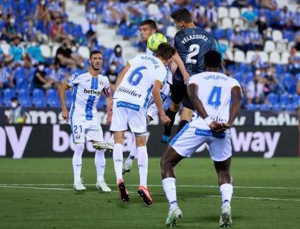 Sergio Gonzalez of CD Leganes heads the ball and scores an own goal during the Liga Smartbank Playoffs match between CD Leganes and Rayo Vallecano at...
