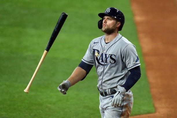 Austin Meadows of the Tampa Bay Rays flips his bat after striking out in the sixth inning against the Texas Rangers at Globe Life Field on June 06,...