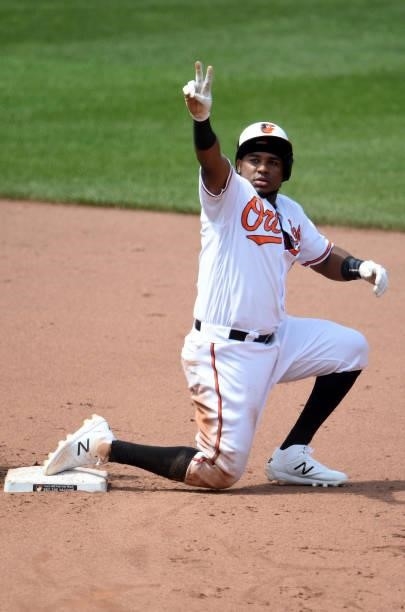 Maikel Franco of the Baltimore Orioles celebrates after hitting a double in the fourth inning against the Cleveland Indians at Oriole Park at Camden...