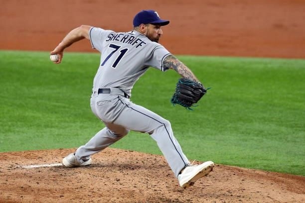Ryan Sherriff of the Tampa Bay Rays pitches in the third inning against the Texas Rangers at Globe Life Field on June 06, 2021 in Arlington, Texas.