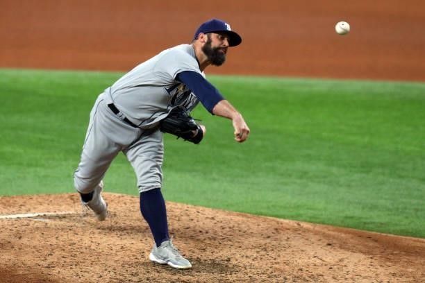 Andrew Kittredge of the Tampa Bay Rays pitches against the Texas Rangers in the fifth inning at Globe Life Field on June 06, 2021 in Arlington, Texas.