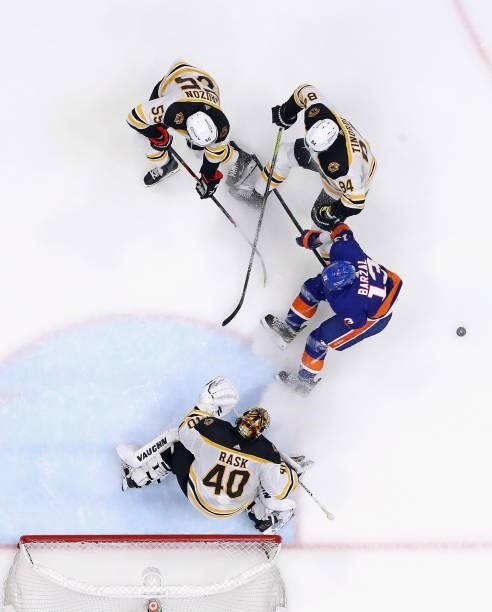 Mathew Barzal of the New York Islanders skates against the Boston Bruins in Game Four of the Second Round of the 2021 NHL Stanley Cup Playoffs at the...