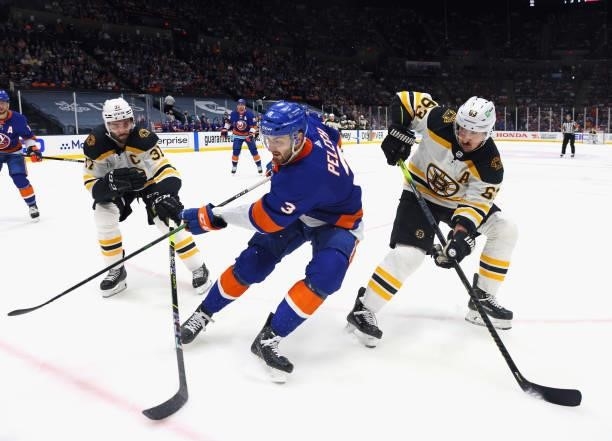 Adam Pelech of the New York Islanders skates against the Boston Bruins in Game Four of the Second Round of the 2021 NHL Stanley Cup Playoffs at the...