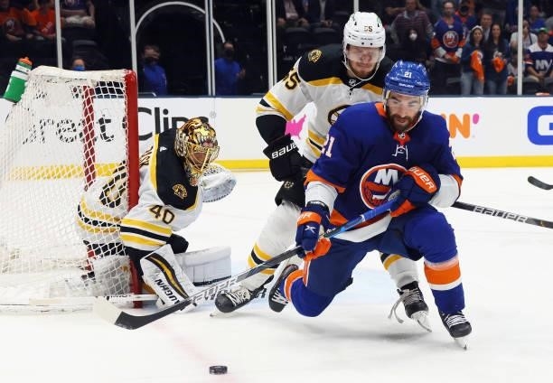 Kyle Palmieri of the New York Islanders skates against the Boston Bruins in Game Four of the Second Round of the 2021 NHL Stanley Cup Playoffs at the...