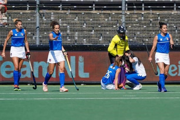 Sofia Laurito of Italy receives medical treatment during the Euro Hockey Championships match between England and Italy at Wagener Stadion on June 6,...