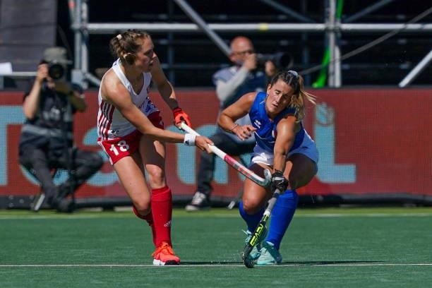 Giselle Ansley of England, Pilar De Biase of Italy during the Euro Hockey Championships match between England and Italy at Wagener Stadion on June 6,...