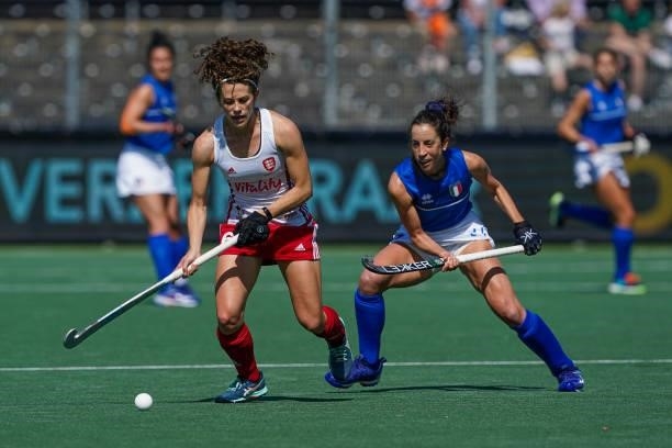 Anna Toman of England, Lara Oviedo of Italy during the Euro Hockey Championships match between England and Italy at Wagener Stadion on June 6, 2021...