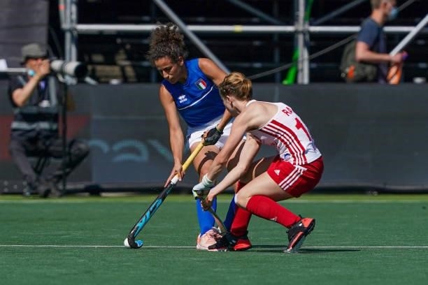 Sara Puglisi of Italy, Ellie Rayer of England during the Euro Hockey Championships match between England and Italy at Wagener Stadion on June 6, 2021...