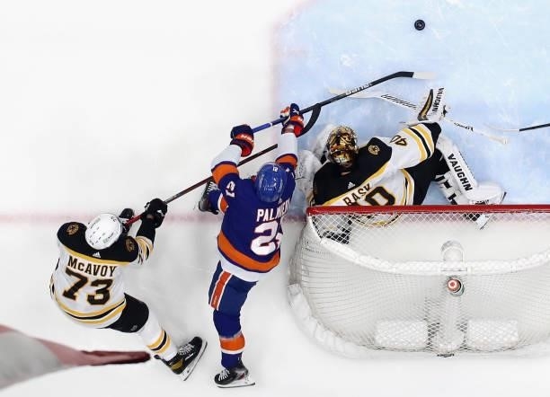 Kyle Palmieri of the New York Islanders is stopped by Tuukka Rask of the Boston Bruins in Game Four of the Second Round of the 2021 NHL Stanley Cup...
