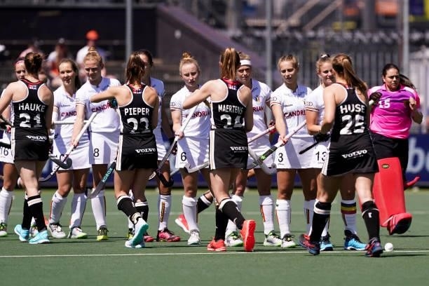 Teams of Belgium and Germany during the Euro Hockey Championships match between Germany and Belgium at Wagener Stadion on June 6, 2021 in Amstelveen,...