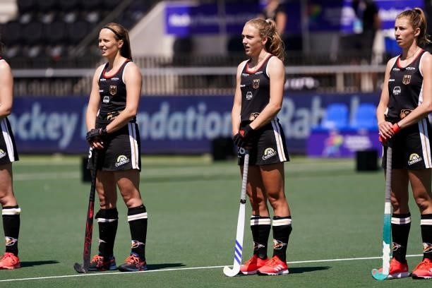 Players of Germany during the Euro Hockey Championships match between Germany and Belgium at Wagener Stadion on June 6, 2021 in Amstelveen,...