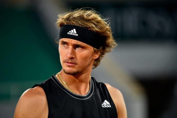 Alexander Zverev of Germany looks on during his Men's Singles fourth round match against Kei Nishikori of Japan on day eight of the 2021 French Open...