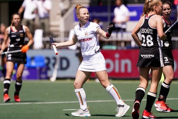 Charlotte Englebert of Belgium during the Euro Hockey Championships match between Germany and Belgium at Wagener Stadion on June 6, 2021 in...
