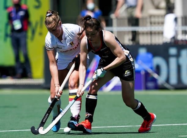 Amelie Wortmann of Germany, Elena Sotgiu of Belgium during the Euro Hockey Championships match between Germany and Belgium at Wagener Stadion on June...