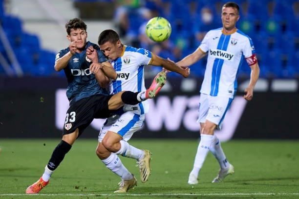 Palencia of Leganes battle for the ball with Fran Garcia of Rayo Vallecano during the Liga Smartbank Playoffs match between Leganes and Rayo...