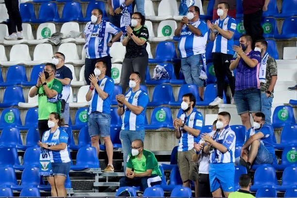 Fans of Leganes reacts after the game during the Liga Smartbank Playoffs match between Leganes and Rayo Vallecano at Estadio Municipal de Butarque on...