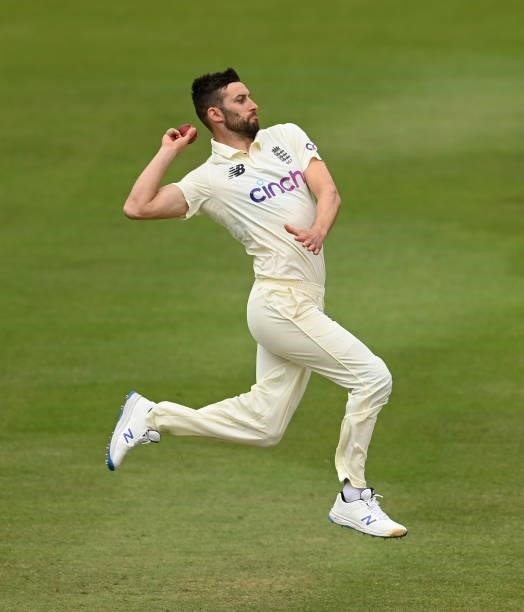 Mark Wood of England bowls during Day 5 of the First LV= Insurance Test match between England and New Zealand at Lord's Cricket Ground on June 06,...