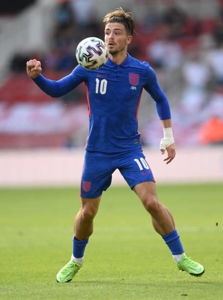 England player Jack Grealish in action during the international friendly match between England and Romania at Riverside Stadium on June 06, 2021 in...
