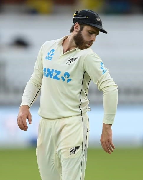 Kane Williamson of New Zealand reacts during Day 5 of the First LV= Insurance Test match between England and New Zealand at Lord's Cricket Ground on...