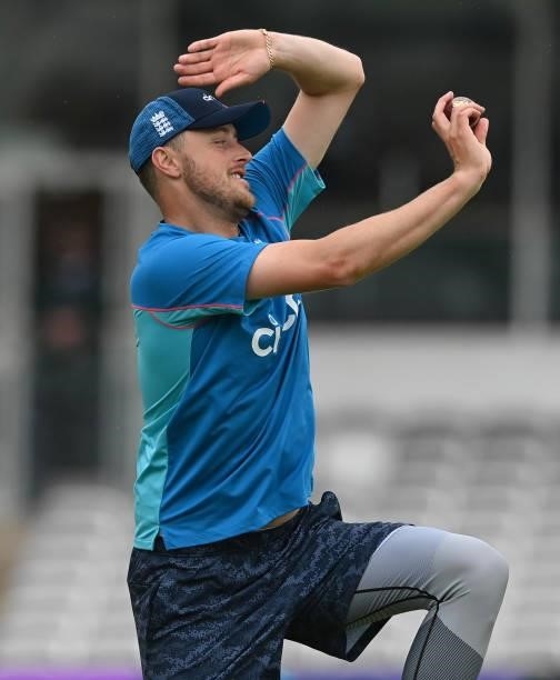 Ollie Robinson of England bowls before Day 5 of the First LV= Insurance Test match between England and New Zealand at Lord's Cricket Ground on June...
