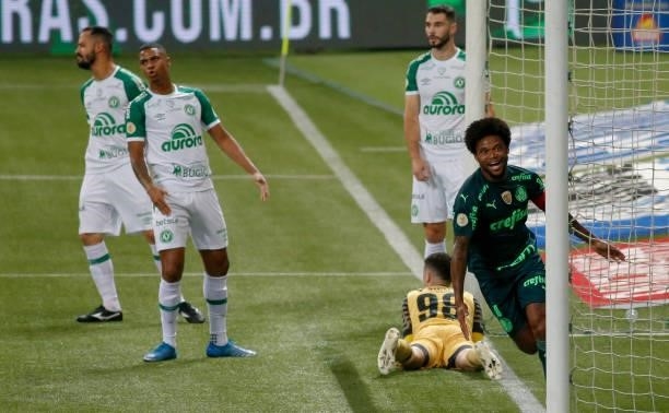 Luiz Adriano of Palmeiras celebrates after scoring a second goal of his team during a match between Palmeiras and Chapecoense as part of Brasileirao...