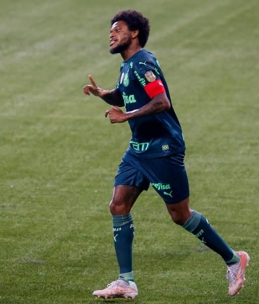 Luiz Adriano of Palmeiras celebrates after scoring a second goal of his team during a match between Palmeiras and Chapecoense as part of Brasileirao...