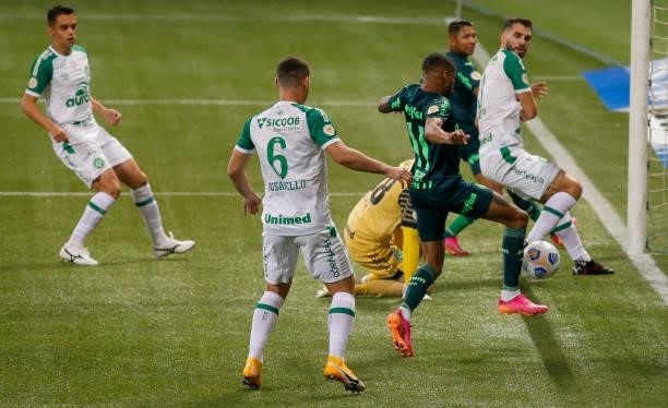 Wesley of Palmeiras kicks the ball to score a first goal of his team during a match between Palmeiras and Chapecoense as part of Brasileirao 2021 at...