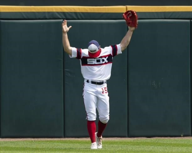 Adam Engle of the Chicago White Sox reacts after making a spectacular catch to rob Niko Goodrum of a home run in the fifth inning against the Detroit...