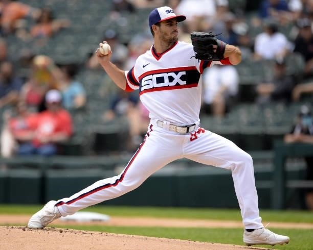 Dylan Cease of the Chicago White Sox pitches against the Detroit Tigers on June 6, 2021 at Guaranteed Rate Field in Chicago, Illinois. The White Sox...