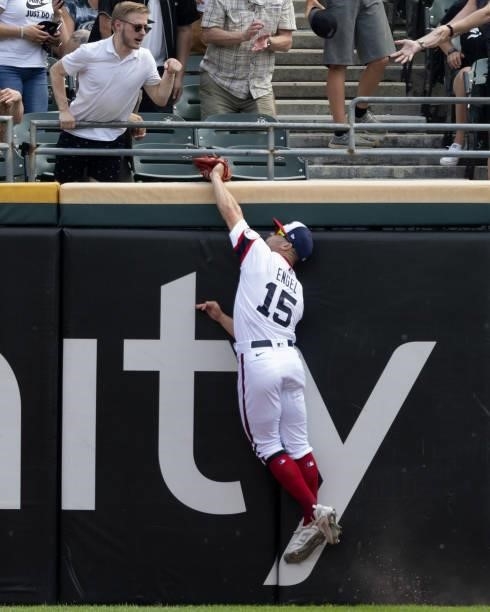 Adam Engle of the Chicago White Sox makes a spectacular catch to rob Niko Goodrum of a home run in the fifth inning against the Detroit Tigers on...