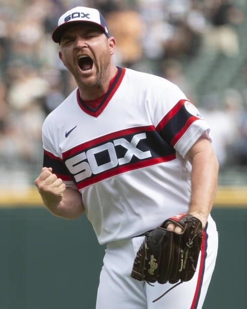 Liam Hendriks of the Chicago White Sox reacts after recording the final out against the Detroit Tigers on June 6, 2021 at Guaranteed Rate Field in...