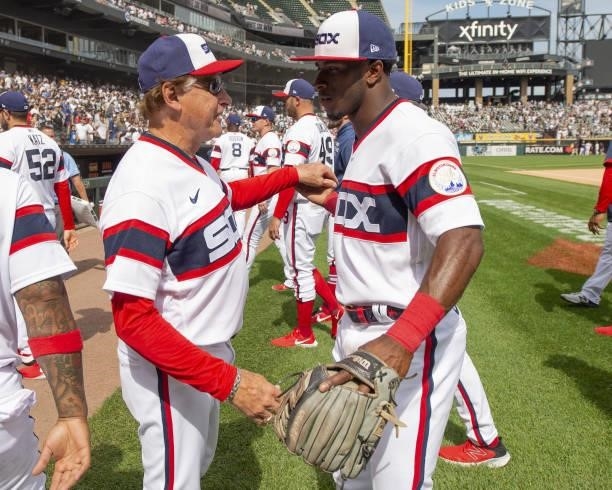 Manager Tony La Russa is greeted by Tim Anderson of the Chicago White Sox after the game against the Detroit Tigers on June 6, 2021 at Guaranteed...