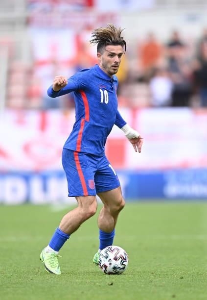 Jack Grealish of England runs with the ball during the international friendly match between England and Romania at Riverside Stadium on June 06, 2021...
