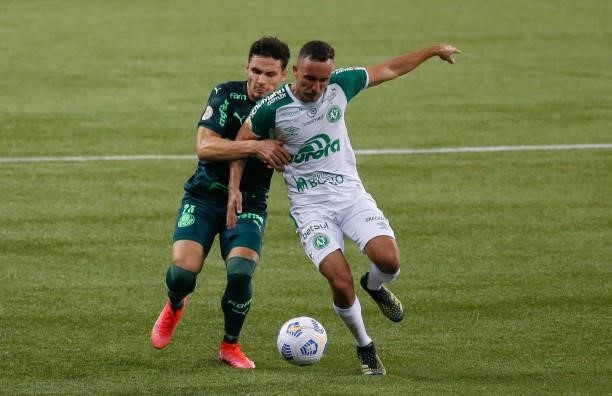 Raphael Veiga of Palmeiras fights for the ball with Lima of Chapecoense during a match between Palmeiras and Chapecoense as part of Brasileirao 2021...