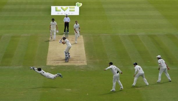 Watling of New Zealand dives to take a ball bowled by Tim Southee during Day 5 of the First LV= Insurance Test match between England and New Zealand...