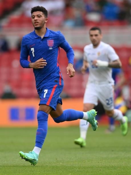 England player Jadan Sancho in action during the international friendly match between England and Romania at Riverside Stadium on June 06, 2021 in...