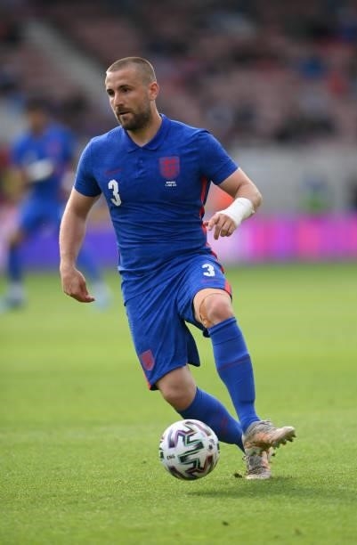 England player Luke Shaw in action during the international friendly match between England and Romania at Riverside Stadium on June 06, 2021 in...