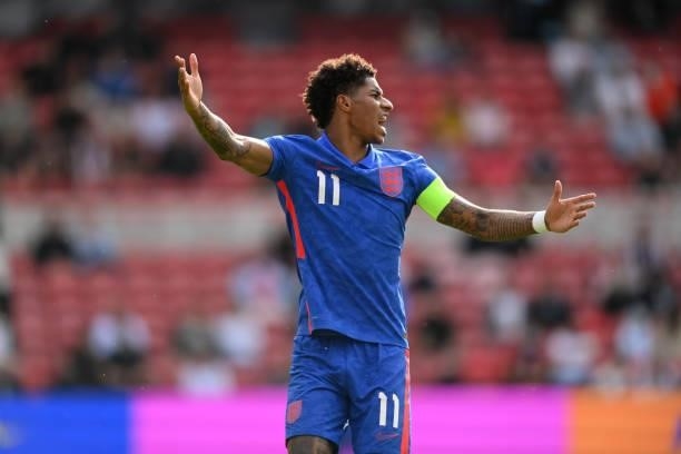 England player Marcus Rashford reacts during the international friendly match between England and Romania at Riverside Stadium on June 06, 2021 in...