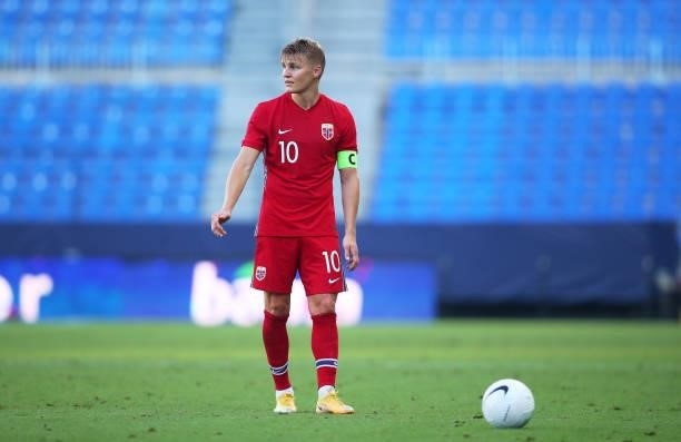 Martin Ødegaard of Norway looks on during an International Friendly Match between Norway and Greece at Estadio La Rosaleda on June 06, 2021 in...