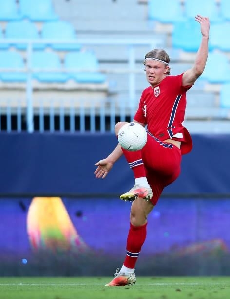 Erling Haaland of Norway in action during an International Friendly Match between Norway and Greece at Estadio La Rosaleda on June 06, 2021 in...