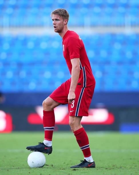 Kristoffer Ajer of Norway in action during an International Friendly Match between Norway and Greece at Estadio La Rosaleda on June 06, 2021 in...