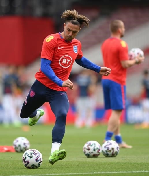 England player Jack Grealish in action during the warm up before the international friendly match between England and Romania at Riverside Stadium on...