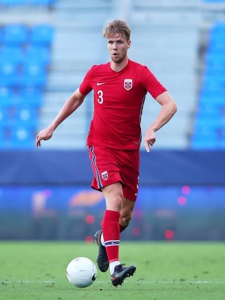 Kristoffer Ajer of Norway in action during an International Friendly Match between Norway and Greece at Estadio La Rosaleda on June 06, 2021 in...
