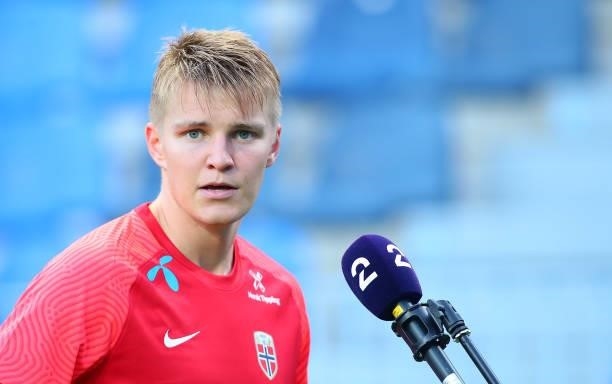 Martin Odegaard of Norway looks on during an International Friendly Match between Norway and Greece at Estadio La Rosaleda on June 06, 2021 in...